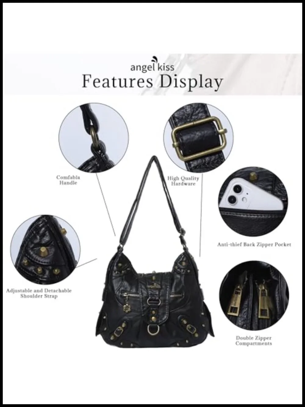 Studded Vegan Leather Hobo Bag Crossbody Shoulder Purse Retro